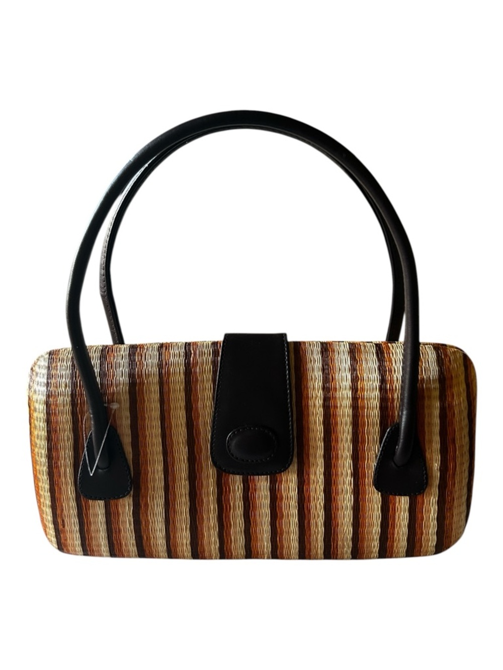 THE SAK Woven Straw Stripe Hardshell Handbag with Dark Brown Trim